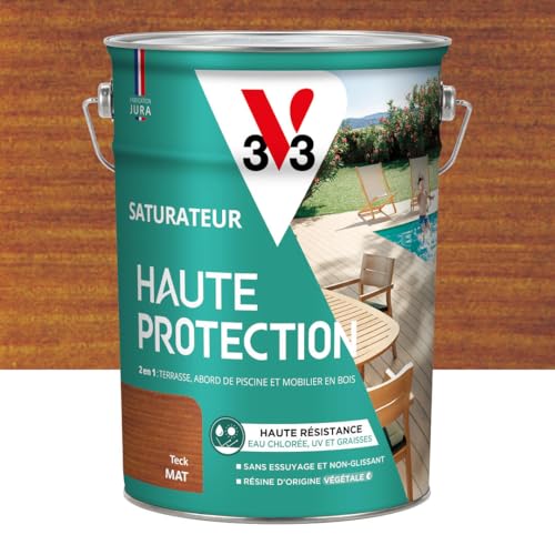 V33 Saturateur bois extérieur Teck mat - Pour terrasses et mobilier de jardin - Haute résistance eau chlorée, UV et graisse - Sans essuyage et non glissant...