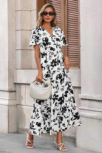 Image of MASCOMODA Women Boho Swiss Dot Maxi Dresses Wrap V Neck Flutter Short Sleeve Solid Tie Waist A Line Tiered Flowy Long Dresses