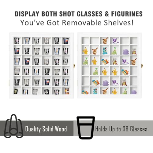 Shot Glass Display Case Wooden Cabinet Rack Holder Wall Mounted White Shadow Box Lockable with UV Protection Acrylic Glass Door Shot Glass Storage Display with Removable Shelves, 16.5"x16.2", 36 Slots by Snail - Image 4