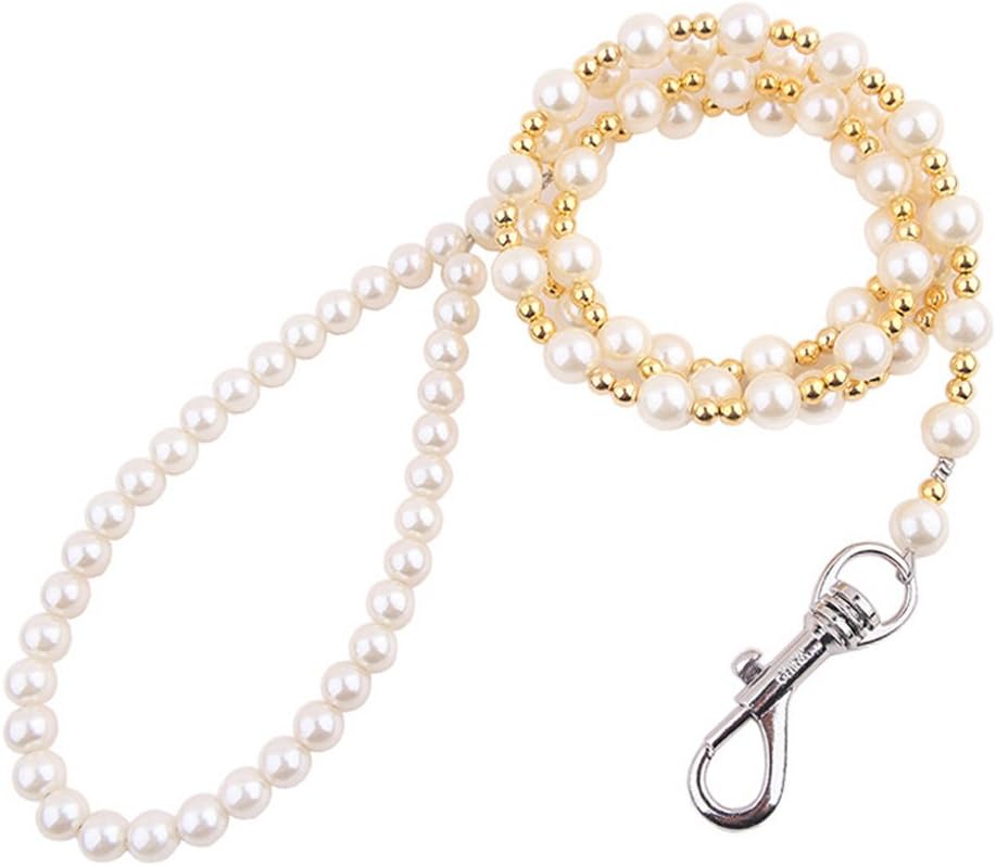 Kathson Pearl Beads Pet Dog Lead Leashes, Designer Puppy Dog Hands Free Leashes, Dog Walking Running Leash, White Gold, Small