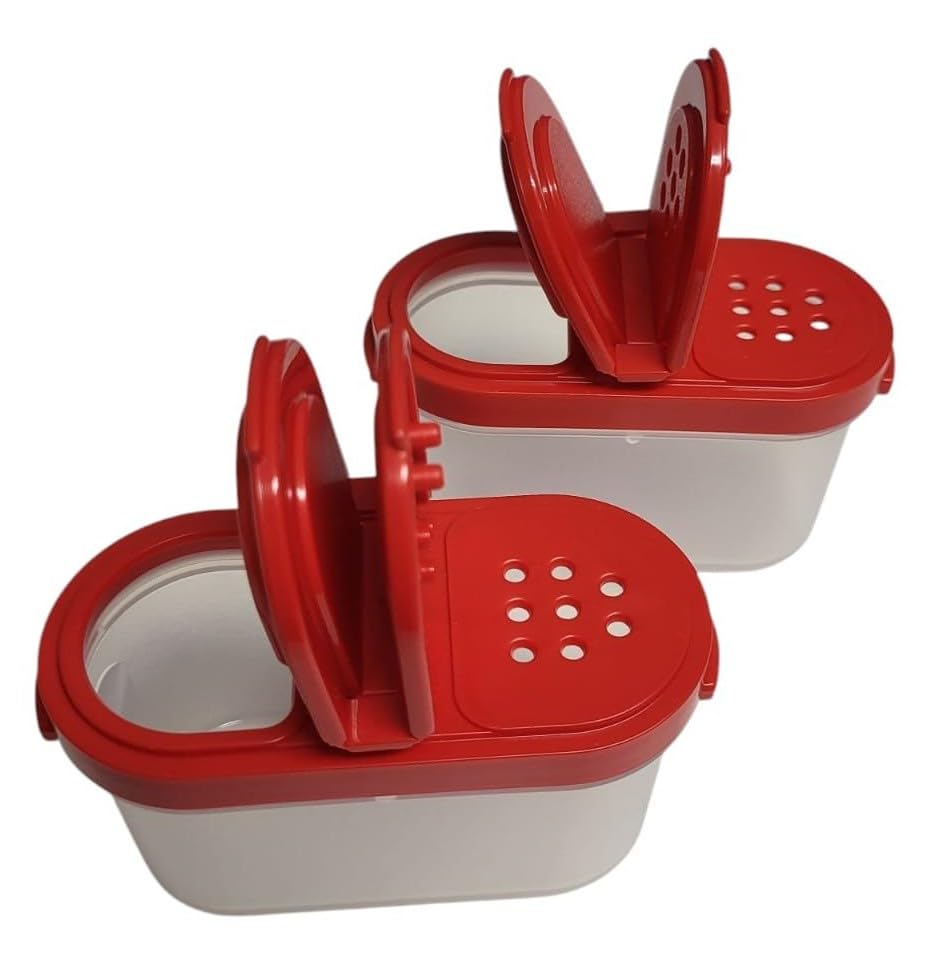 Tupperware Gewürz Zwerge Salz- und Pfefferstreuer Würzling ideal für Auto Büro Camping & Unterwegs - Ordnung im Schrank Salzstreuer Gewürze Gewürz-Zwerge 2x 120ml Set rot transparent
