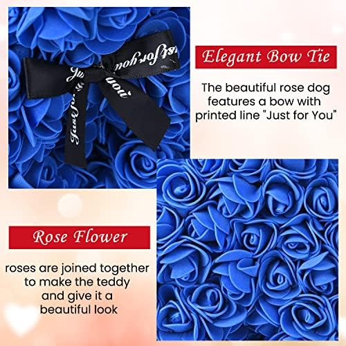 TJC Rose Teddy Bear Handmade Rose Flower Bear with Bow Tie Birthday Valentines Day Gift for Girlfriend Love Friends Wife Fiancée Blue with PE Material Size One Size