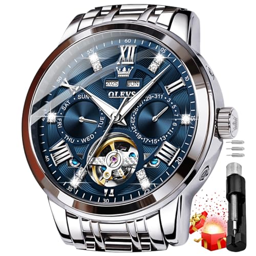 OLEVS Silver Watch for Men Automatic Mechanical Diamond Luxury Dress Skeleton Stainless Steel Waterproof Men WristWatches