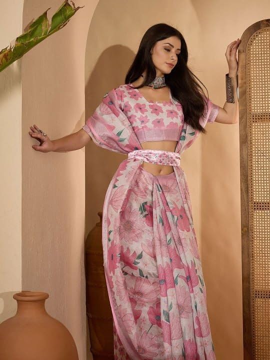 Women's Pink Floral Print Saree with Blouse Ethnic Wear, Festive Party Wear