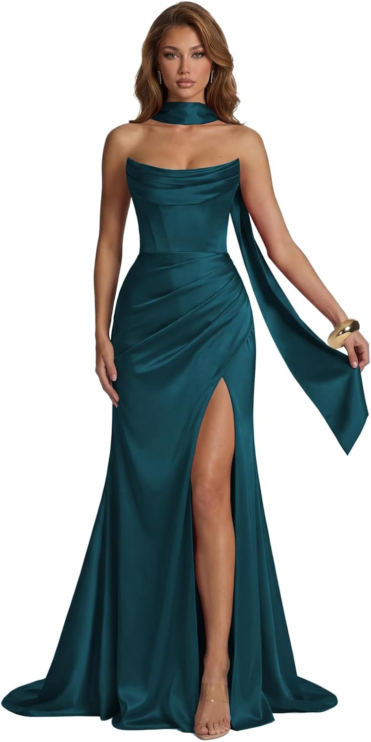 Strapless Formal Dresses 2026 with Slit Satin Pleated Mermaid Prom Dress 2026 Long Teal Evening Gowns with Scarf US 6