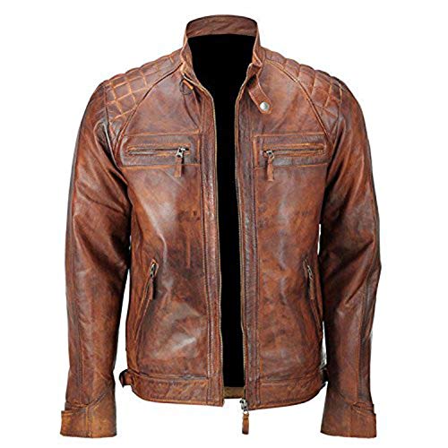 Image of Men's Leather Jacket Cafe Racer Biker Style Retro Stripes Jacket, Motorcycle Racing Leather Jacket Men