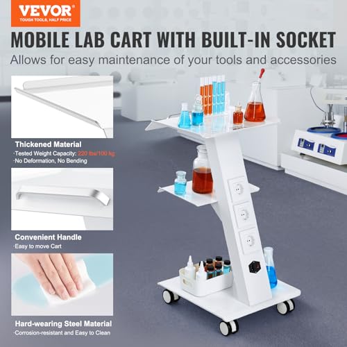 Image of VEVOR Rolling Esthetician Cart with 3 Built-in Sockets, 3-Tier Metal Medical Trolley on Swivel Wheels, Mobile Ultrasonic Tray Cart, for Lab, Clinic, Beauty and Dental, 220 lbs Weight Capacity