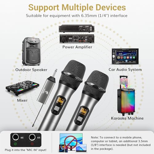 TONOR Wireless Microphones, UHF Dual Cordless Metal Dynamic Mic System with Rechargeable Receiver, for Karaoke Singing, Wedding, DJ, Party, Speech, Church, Class Use, 200ft TW630 Silver - Image 6