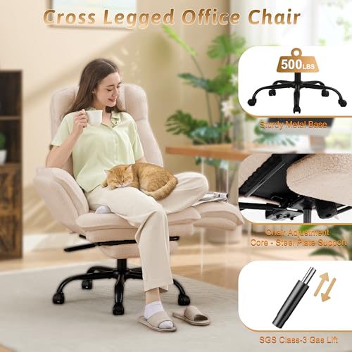 Image of Wider Seat Office Chair with Flip Armrests for Criss Cross Legged&Cats, Big and Tall Executive Ergonomic Reclining Chair with Footrest&Lumbar Pillow, Teddy Fleece Desk Chair, Beige Vanity Chair