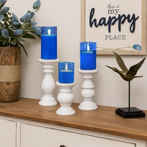 Image of Amagic Blue Glass Flameless Candles with Remote, Battery Operated Candles, Real Wax LED Candles with Timer, Flickering Fake Pillar Candle for Theme Party, Hanukkah Holiday Decor, 3D Wick, Set of 3