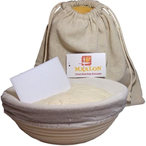 Banneton Brotform Basket Bread Dough Proofing Basket 4 pcs professional Bundle 8,5 Inch Round Handmade Rattan basket + Cloth Liner + Linen Bread Bag + Bowl Scraper, + BONUS PDF INSTRUCTIONS by MAXLON
