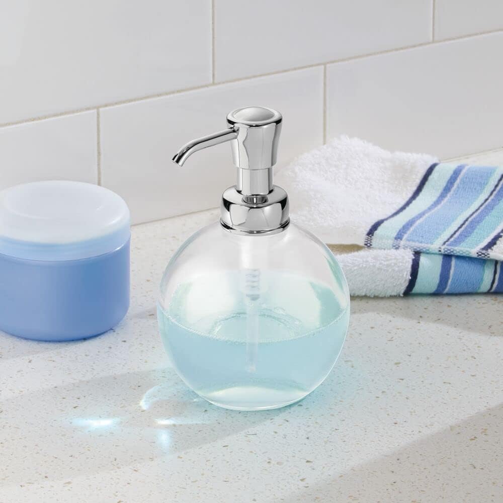 mDesign Round Glass Refillable Liquid Soap Dispenser Pump Bottle for Bathroom Vanity Countertop, Kitchen Sink - Holds Hand Soap, Dish Soap, Hand Sanitizer, Essential Oils - 2 Pack - Clear/Chrome
