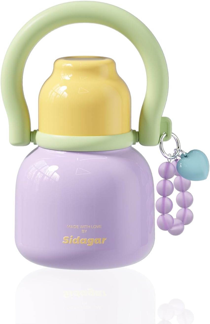 22 oz Water Bottle with Straw and Bowl, Wide Mouth Insulated Stainless Steel Tumbler, Cute Aesthetic Cup for Women & Kids, Leakproof Cold 24H Travel Flask, Heart Charm Lavender Purple