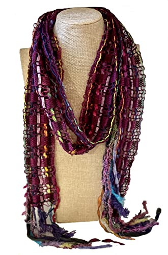 Women’s Handmade Multi Strand Yarn Cowl Scarf, Wine and Multi Colored - Main Image