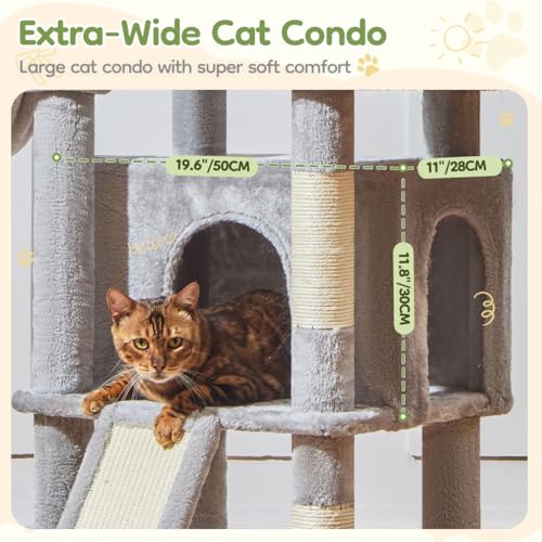 Image of Taoqimiao 72 Inches Cat Tree for Large Cats, Multi-Level Tall Cat Tower, Widened Cat Condo with Large Scratch Board, 5 Scratching Posts, Metal Hammcock, Cozy Basket, Light Gray, MS045W