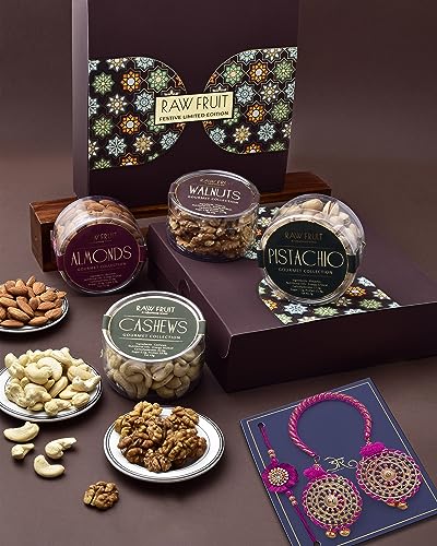Image of Rakhi Gift Hamper Bhaiya Bhabhi Rakhi Set Rakhi For Bhabhi Lumba Rakhi Set Dry Fruits Combo Pack Small Pet Jars Pack Of 4 Dry Fruits Cashew Walnut Almond Pista Pink Autumn Rakhi Set