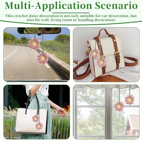 2 PCS Crochet Daisy Car Accessories for Women, Car Rearview Mirror Hanging Accessories, Handmade Cute Cars Accessory for Women Aesthetic, Girly Pink Crochet Flowers Cars Decor (Pink)