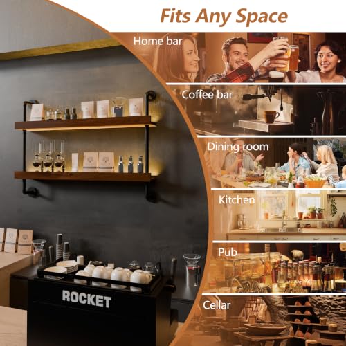 Image of Bar Shelves, Wall Mounted Wine Rack, Walnut Brown, 36 Inch | 2 Tier, Industrial, Solid pine shelves, black pipe brackets, 40 lbs per shelf, wine, liquor, bar decor, with LED light