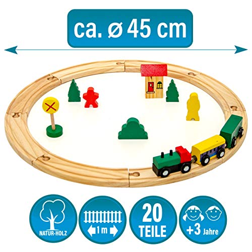 messefix 20 Delen Houten Trein Set - 1m Rails - Spoorweg met Spoorrails en Veel Accessoires - Speelgoed Spoorbaan voor Kinderen vanaf 3 Jaar - Speelgoedtrein Kinderen Houten Speelgoed Kerstmis - Image 3