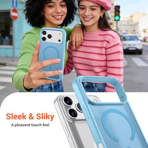 Image of SUPFINE Magnetic for iPhone 17 Pro Case Translucent Matte Phone Cover | (Built-in Invisible Kickstand)(Compatible with MagSafe)(Military Grade Drop Protection) Candy Blue