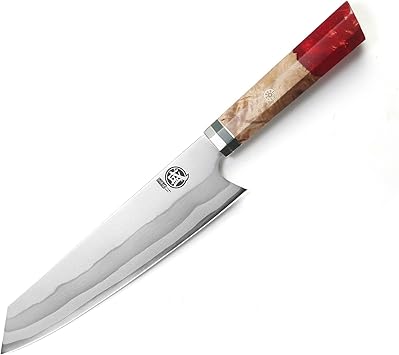 MITSUMOTO SAKARI 8-Inch Japanese Kiritsuke Knife, Hand Forged 440C Damascus Steel Chef Knife, Red Pomegranate Handle, Sandalwood Box