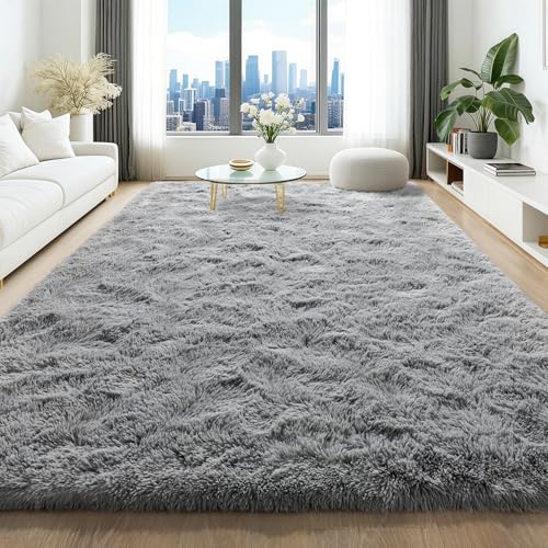 HQAYW 4x6 Fluffy Grey Area Rugs for Living Room Bedroom, Ultra Soft Plush Shaggy Bedside Rug, Non-Slip and Machine Washable Carpet for Kids Girls and Boys, Dorms, Nursery Rooms, Home Decor