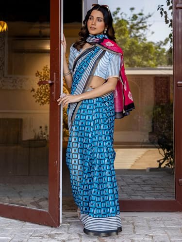 Image of SIRIL Women's Cotton Linen Printed Saree with Unstitched Blouse Piece