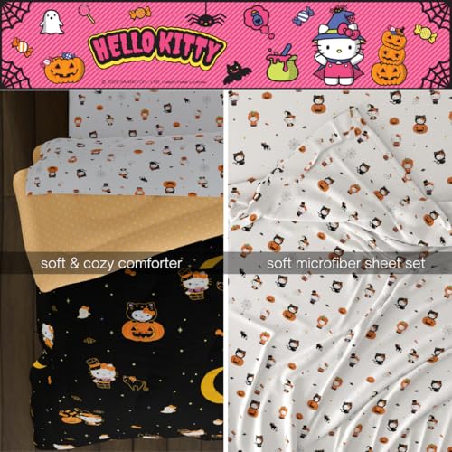 Image of Sanrio Hello Kitty Halloween Pumpkin Queen Bed Set - Super Soft & Cozy 5 Piece Reversible Comforter and Sheet Set (Officially Licensed Product) by Franco