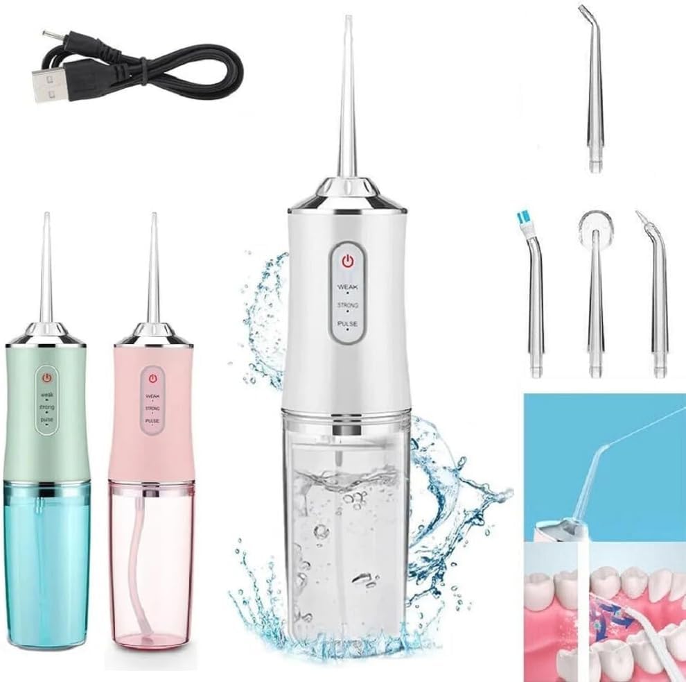 XBLDS 220ml Electric Oral Irrigator Cordless,USB Rechargeable Dental Water Flosser with 4 Nozzles and 3 Pressure Modes,Teeth Cleaning and Whitening 4 Jet Tip IPX7 Waterproof Teeth Cleaner (White)