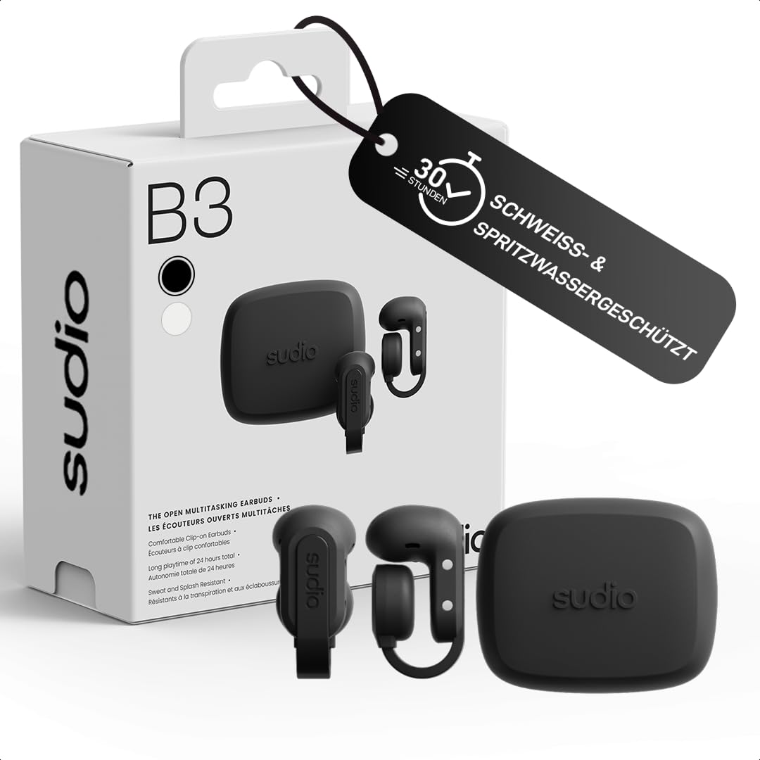 sudio B3 True Wireless Kopfhörer Kabellos Bluetooth 6.0 | Offene Clip-On Earpods | Multipoint Verbindung | 30h Spielzeit | Touch Steuerung | Schweiß & Spritzwassergeschützt | USB-C Ladecase | Schwarz