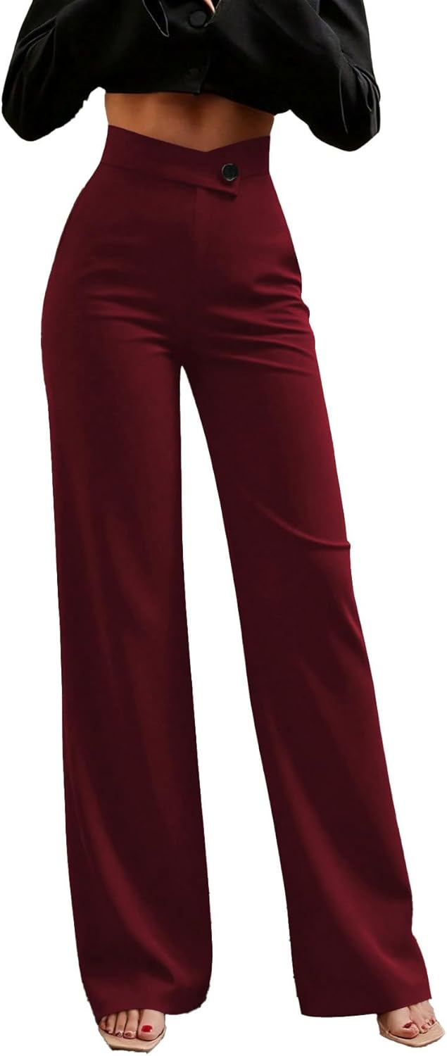 Ulovmi Women's High Waisted Wide Leg Dress Pants Business Casual Trousers Office Work Palazzo Pants,Wind Red,XX-Large - Image 2