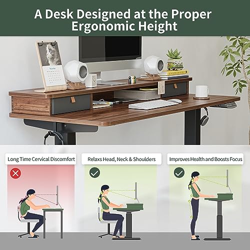 Image of FEZIBO 60 x 24 Inch Height Adjustable Electric Standing Desk with Double Drawer, Stand Up Desk with Storage Shelf, Sit Stand Desk, Blcak Walnut
