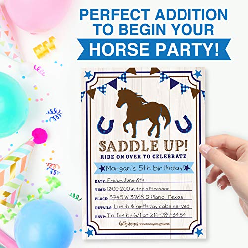 Image of Hadley Designs Kids Birthday Invitations For Boys Horse Theme - 25 Horse Birthday Party Invitations For Boys, Saddle Up Invites For Boy, Cute Pony Party Supplies, Made In USA