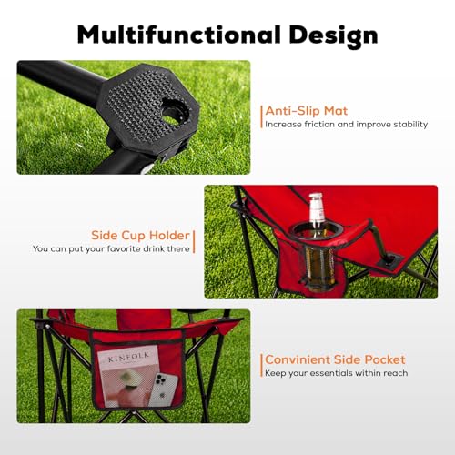 Image of Romswi Portable Camping Chairs, Heavy Duty Folding Outdoor Chairs, Folding Chair with 4-Can Cooler Bag for Camping, Fishing, Garden, 2-Pack, Red