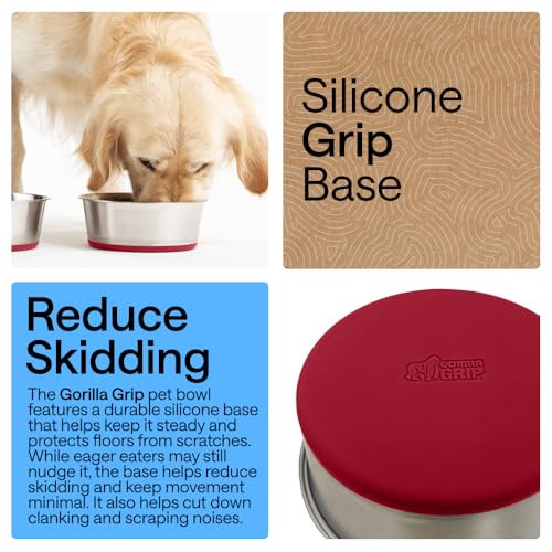 Image of GORILLA GRIP Dog Bowls, Food Grade 304 Stainless Steel, Holds 4 Cups Each (32 fl oz) Food and Water Bowl for Feeding Dogs and Cats, Dishwasher Safe, Rust Resistant, BPA Free Rubber Base Set of 2 Red