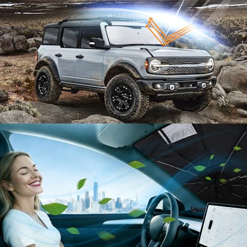 Image of Windshield Sun Shade for 2021-2026 Fo-rd Bronco | Foldable, Full covered for windshield, Block UV Rays, Heat Reduction, Easy to install, Keeps Car Cooler