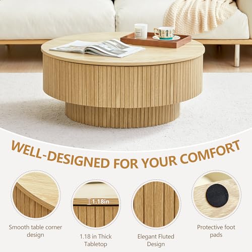 Image of 33 inch Round Coffee Table with Lift-Top & Flip-Top Storage, Modern Accent Fluted Coffee Tables with Metal Frame, Wooden Circle Center Table for Living Room Small Space Apartment Office (Natural)