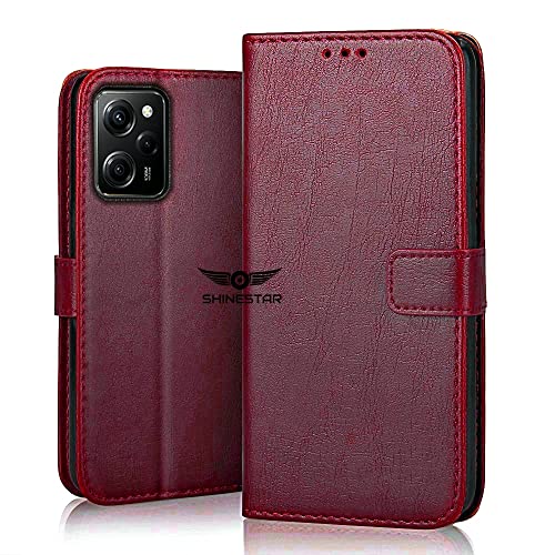 Image of SHINESTAR Poco X5 Pro 5G Flip Back Cover | PU Leather Flip Cover Wallet Case with TPU Silicone Case Back Cover for Poco X5 Pro 5G - Blood Red