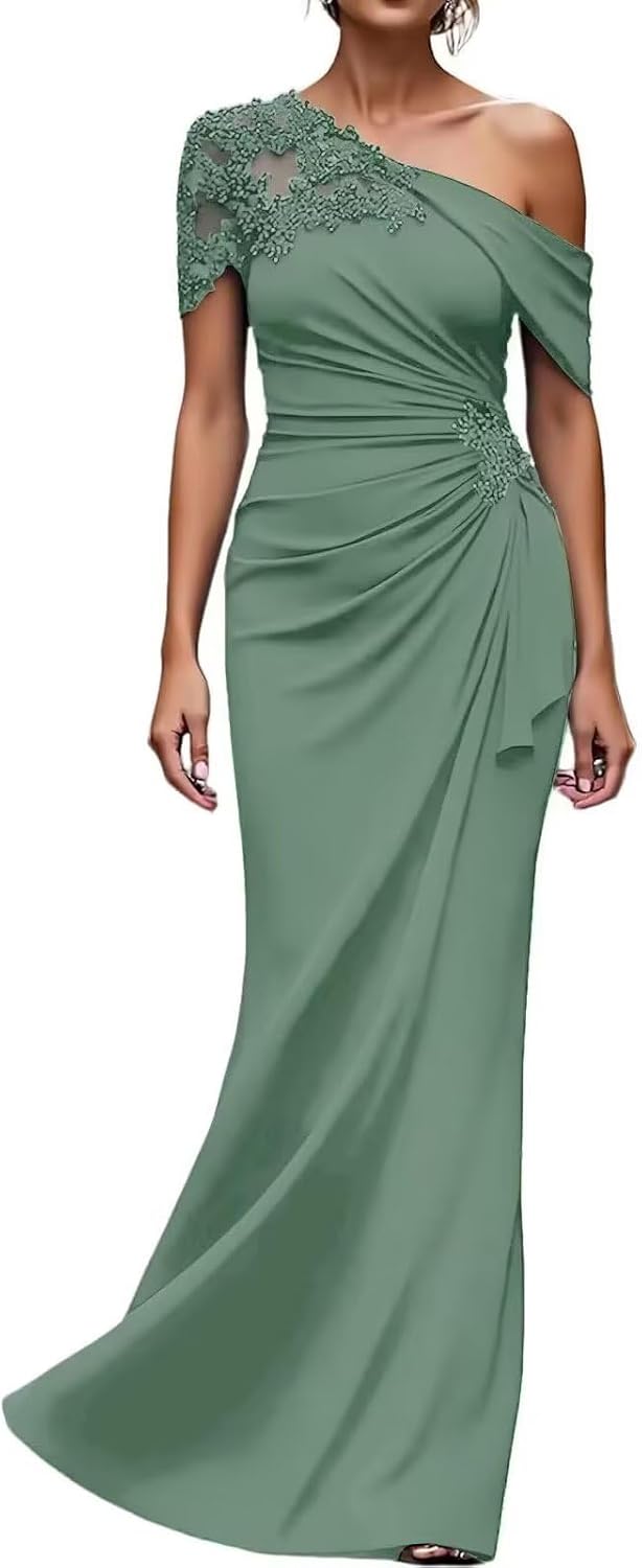 One Shoulder Mermaid Mother of The Bride Dresses for Wedding Lace Long Chiffon Formal Evening Party Gowns