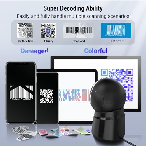 Image of Tera Barcode Scanner Desktop Omnidirectional: 1D 2D QR Hands Free USB Wired Bar Code Reader Adjustable Scan Head Plug and Play for POS Supermarket Retail Store Mobile Payment Model 9000