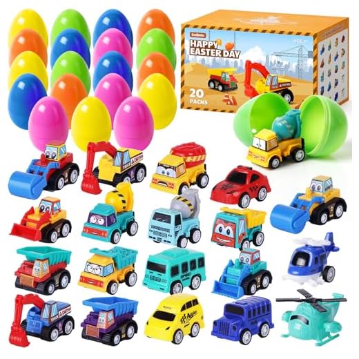 ZenBombs Easter Eggs with Toys Inside-20 PCS Colorful Plastic Easter Eggs Filled with Toy Vehicles for Kids-Surprise Egg for Easter Egg Hunt, Easter Basket Stuffers and Kids Birthday Party Favors
