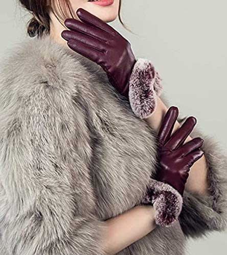Image of Krystle Devil Women's & Girl's PU Warm Gloves Rabbit Fur Wrist Mittens (Wine Red; Free Size)