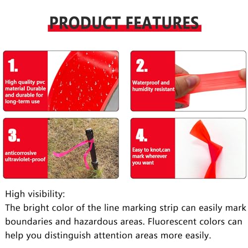 Hubaow 6 Pack Red Flagging Tape, Non-Adhesive Plastic Ribbon Neon Marking Roll, 1inch*600ft, Marking Tape for Tree Marking, Hunting, Boundaries and Hazardous Areas,Trail Marking