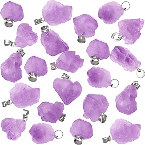 Natural Amethyst Stone Irregular Rock Pendant Healing Crystal Chakra Gemstone Charm with Stainless Steel Snap for Necklace Earring Bracelet Jewelry Making, Hole 5 x 2.5 mm (48 Pieces)