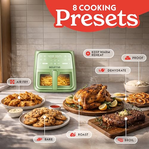Image of Gourmia Air fryer with 8 litres, 8 preset settings with digital display, FryForce 360 technology, easily visible window and interior light, basket suitable for
