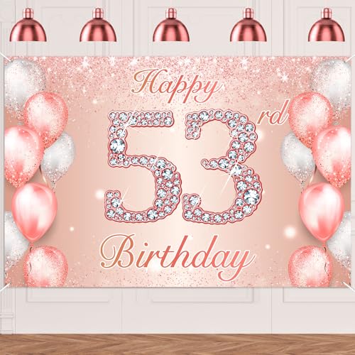 Image of Happy 53rd Birthday Rose Gold Banner Cheers to 53 Years Old Backdrop Confetti Balloons Theme Decor for Women 53 Years Old Pink Birthday Party Decorations Bday Supplies Background Favors Gift Glitter