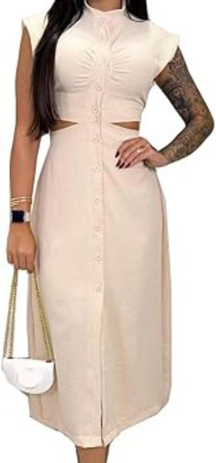 Women's Round Neck Button Dress, Short-Sleeved Ruffled Slit Dress with Cutout Design at the Waist and Sides;