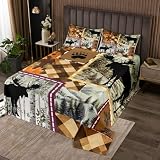 richhome Elch Tagesdecke 220x240cm rustikale Hütte Landhaus Quadratisch Bettdecke Natur‑Wildtiere Bettüberwurf Bauernhaus Steppdecke Büffelkaro‑Muster Schlafzimmerdekoration Wohndecke Sofaüberwurf