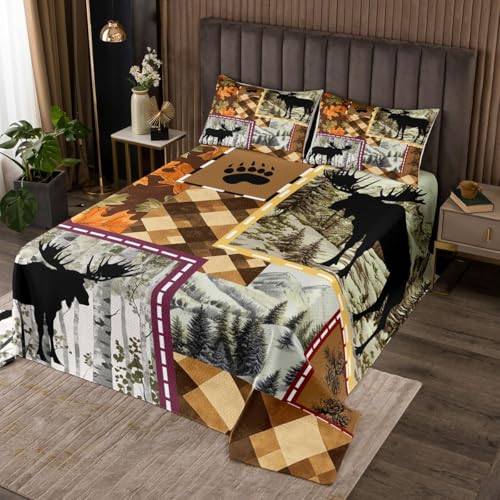 richhome Elch Tagesdecke 220x240cm rustikale Hütte Landhaus Quadratisch Bettdecke Natur‑Wildtiere Bettüberwurf Bauernhaus Steppdecke Büffelkaro‑Muster Schlafzimmerdekoration Wohndecke Sofaüberwurf