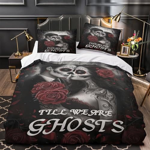 JQKZXNHPDR Sugar Skull Couple Housse de Couette Microfibre Résistante 3D Imprimé 3 Pièces 2 Taies Douce Gothic Romantic Parure de Lit Confortable Hypoallergique for Femmes Single(140x200cm)